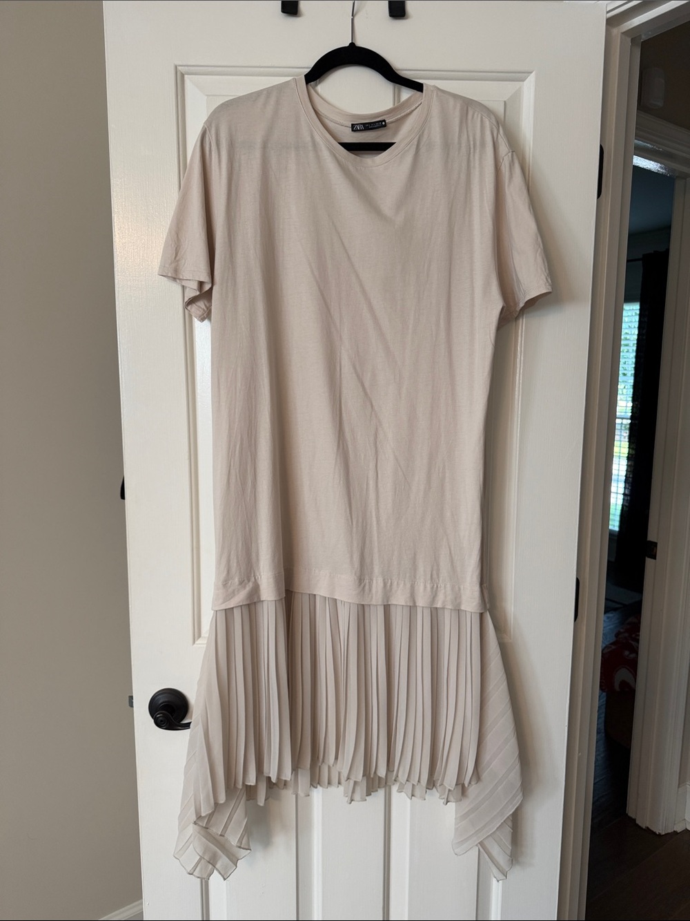 Zara Cream Short Sleeve Dress with Pleated Chiffon Hem